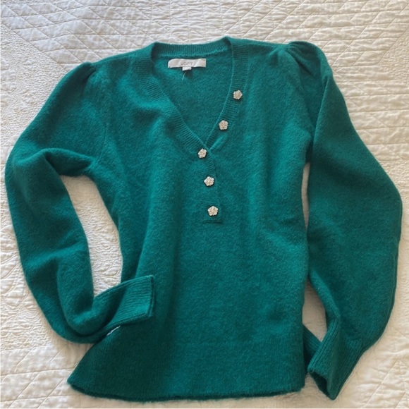 Loft Puff sleeved emerald green Henley jeweled sweater 🎄💚👑 - Picture 3 of 8
